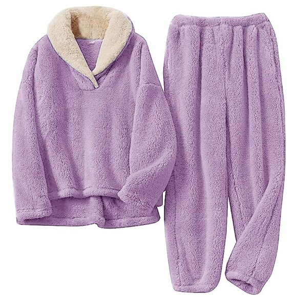 Fluffy Fleece Pajama Set Women's Winter Warm Loose Fit Cozy Loungewear